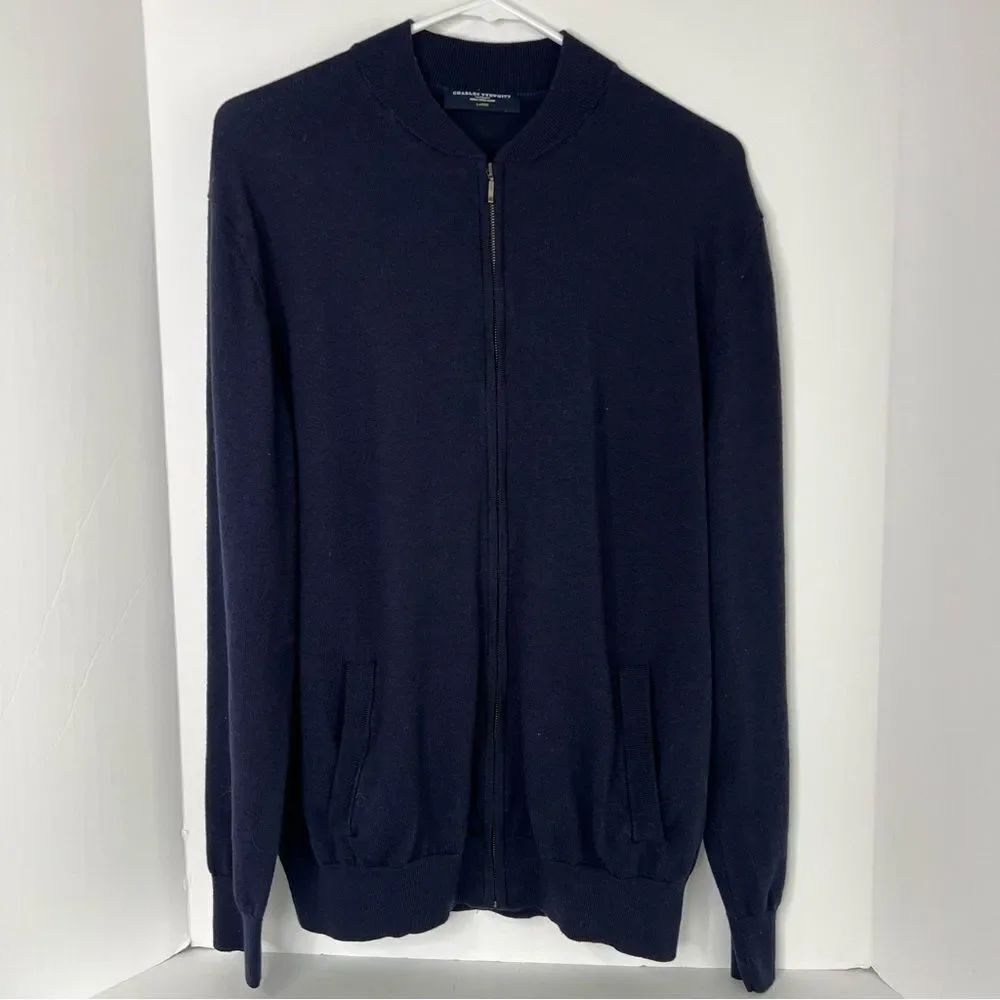Charles Tyrwhitt Dark Blue Pure Merino Wool Zip-Up Men’s Sweater Cardigan Sz L